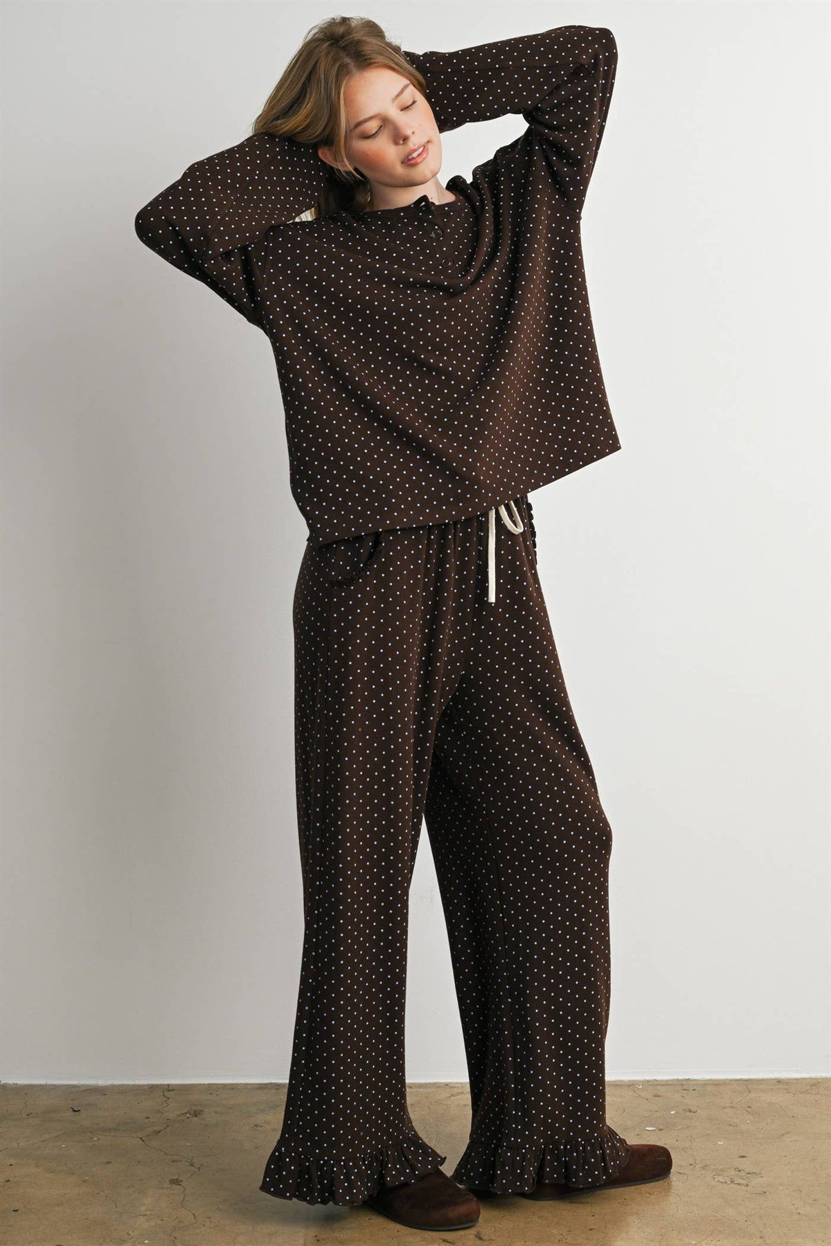Brown Polka Dot Henley Neck Long Sleeve Top
