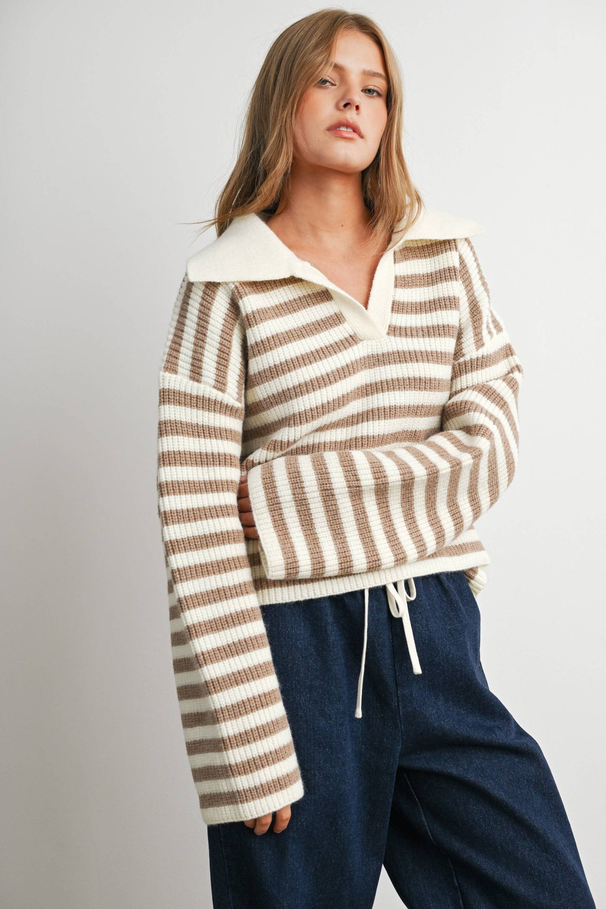 Blue Striped Collared Knit Sweater