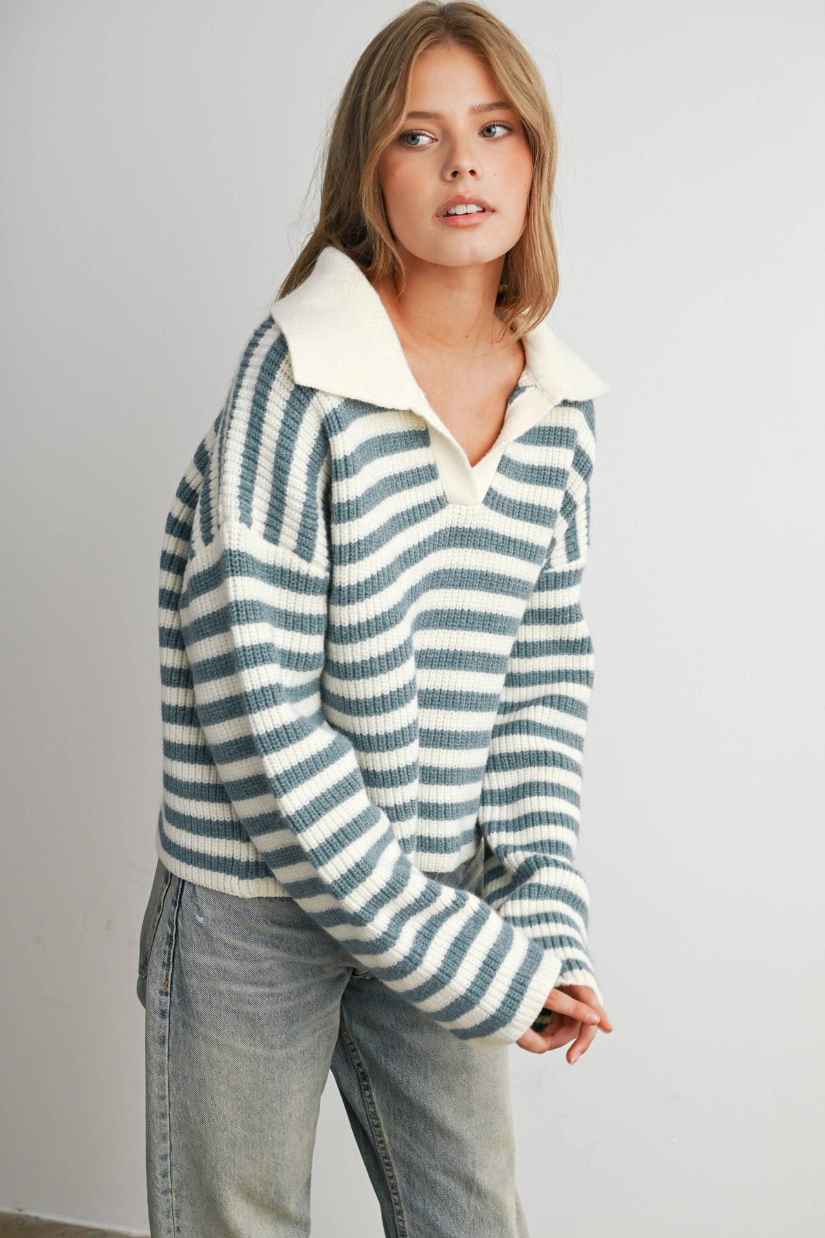 Blue Striped Collared Knit Sweater
