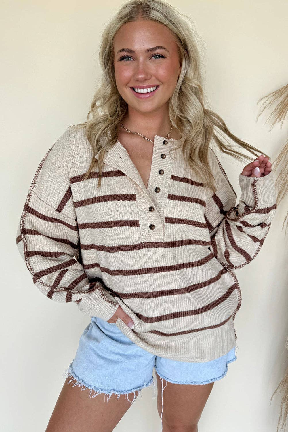 Brown Stripe Ribbed Drop Shoulder Sweater