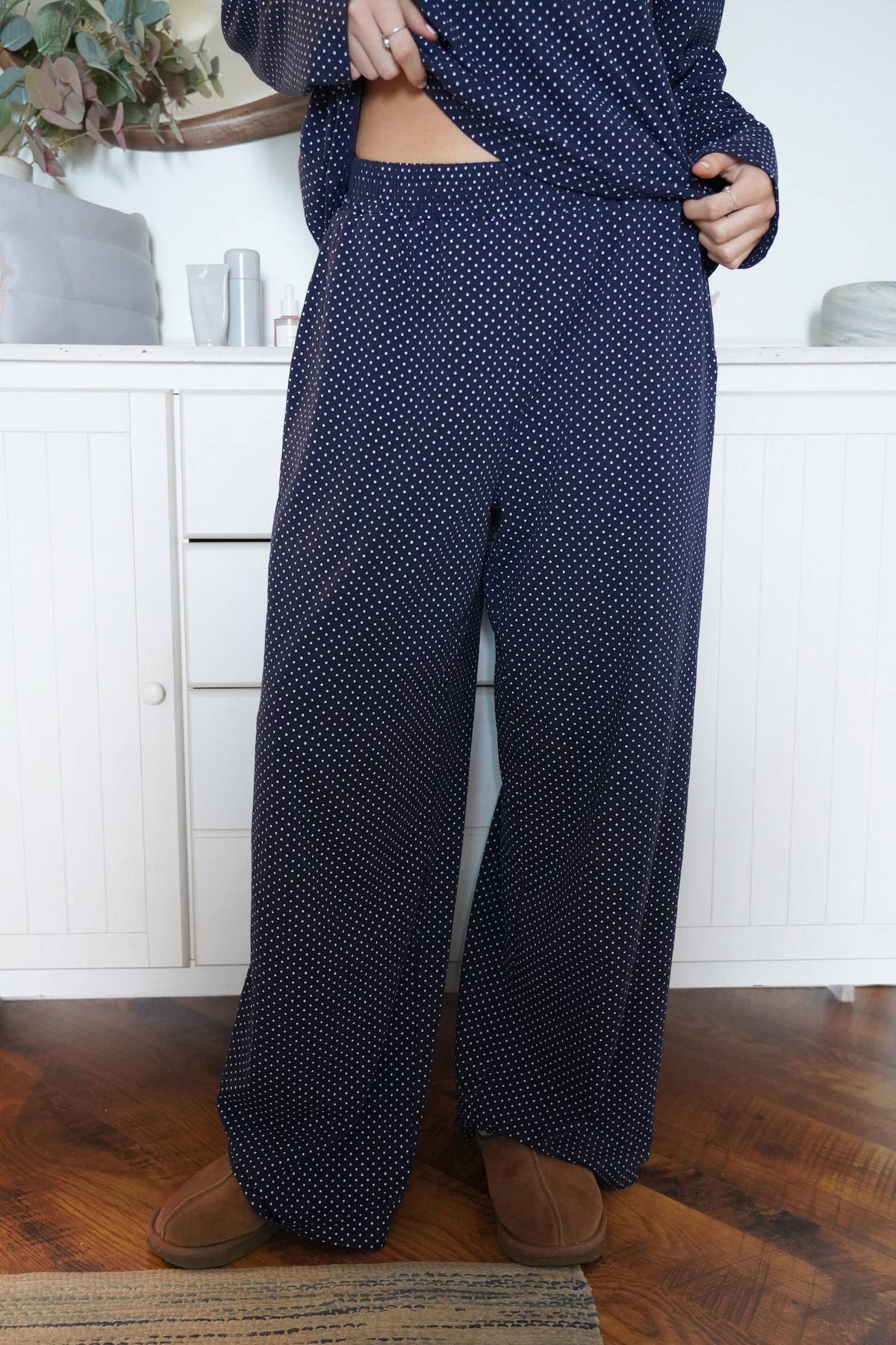 Navy Blue Polka Dot Loungewear Flare Pants