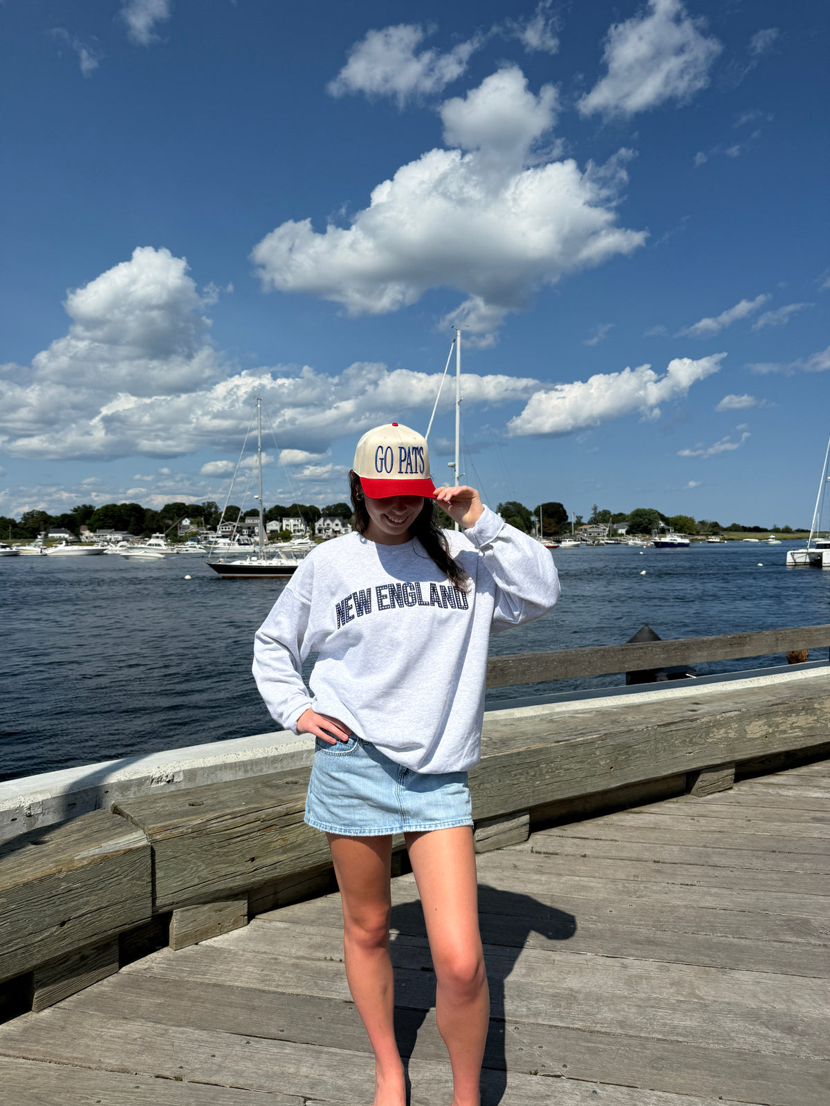 New England Navy Gingham Embroidered Crewneck