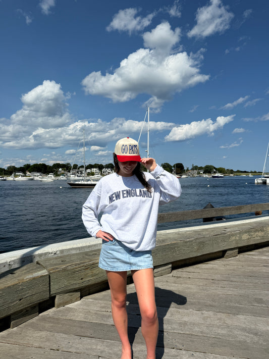 New England Navy Gingham Embroidered Crewneck
