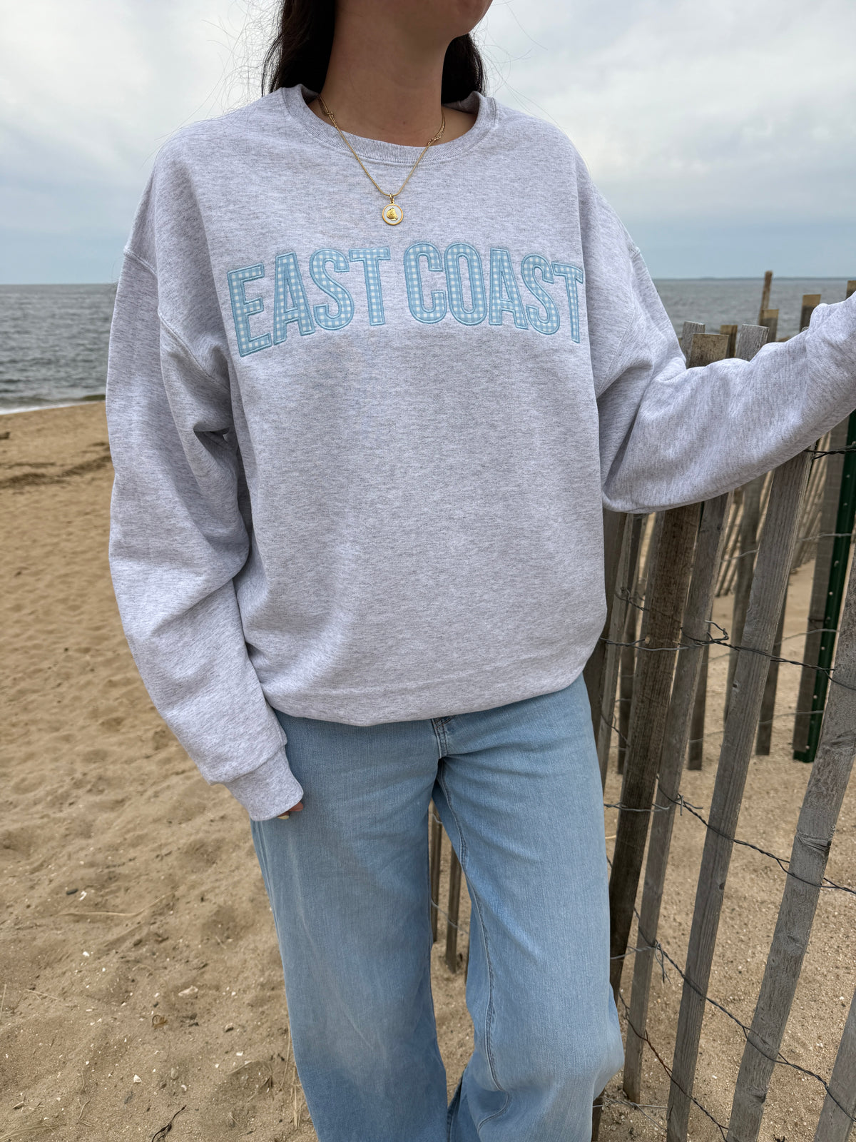 East Coast Blue Gingham Embroidered Crewneck