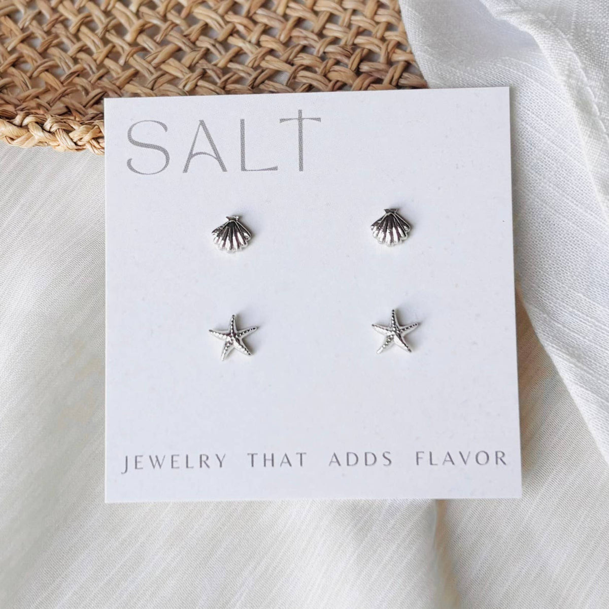 Silver Coastal Studs Set | seashell & starfish earrings (rhodium / platinum)