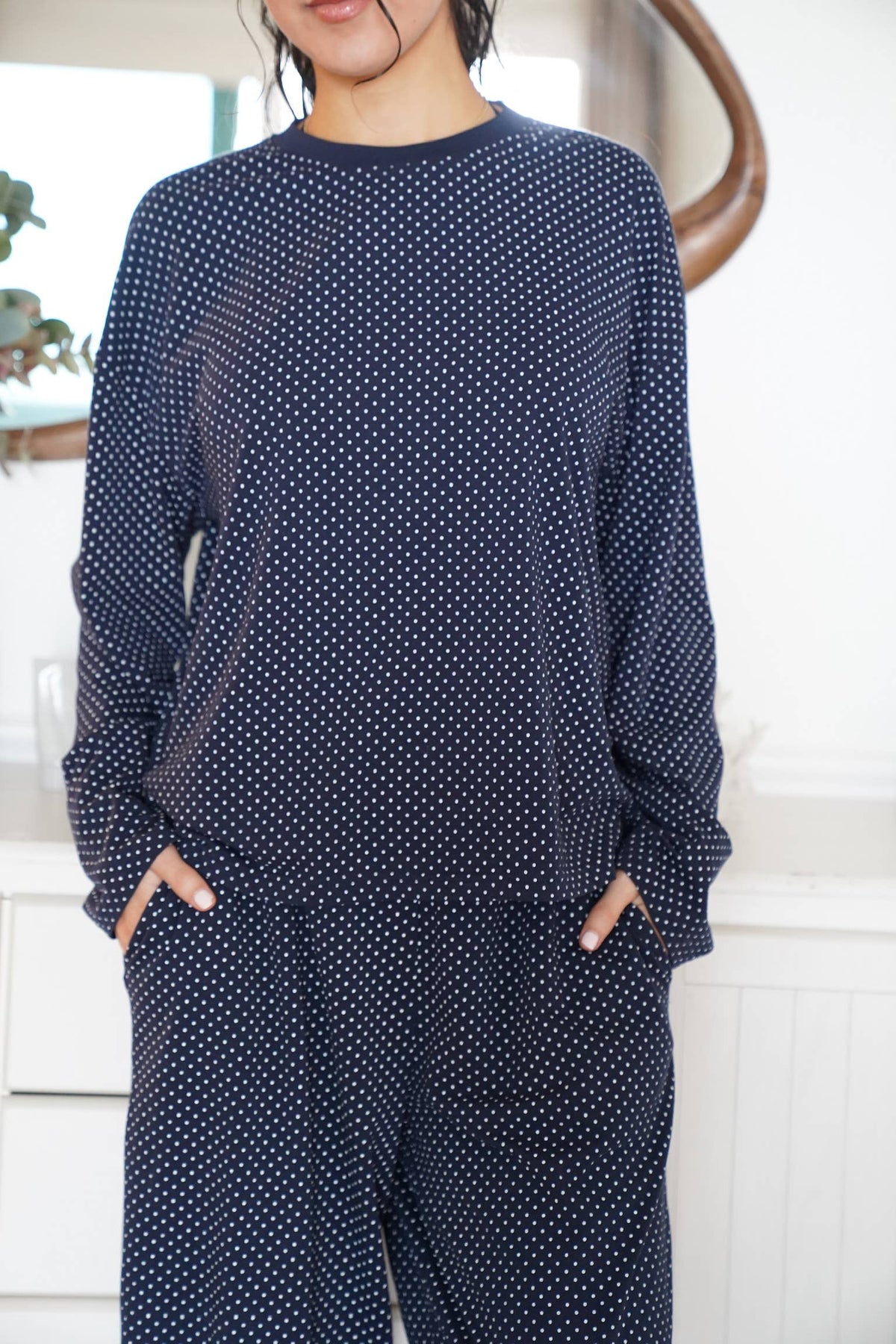 Navy Blue Polka Dot Loungewear Long Sleeve Top