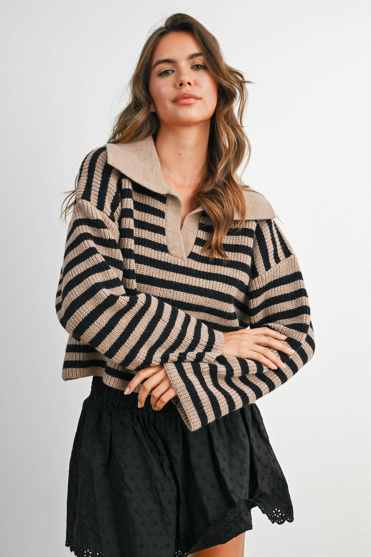 Blue Striped Collared Knit Sweater