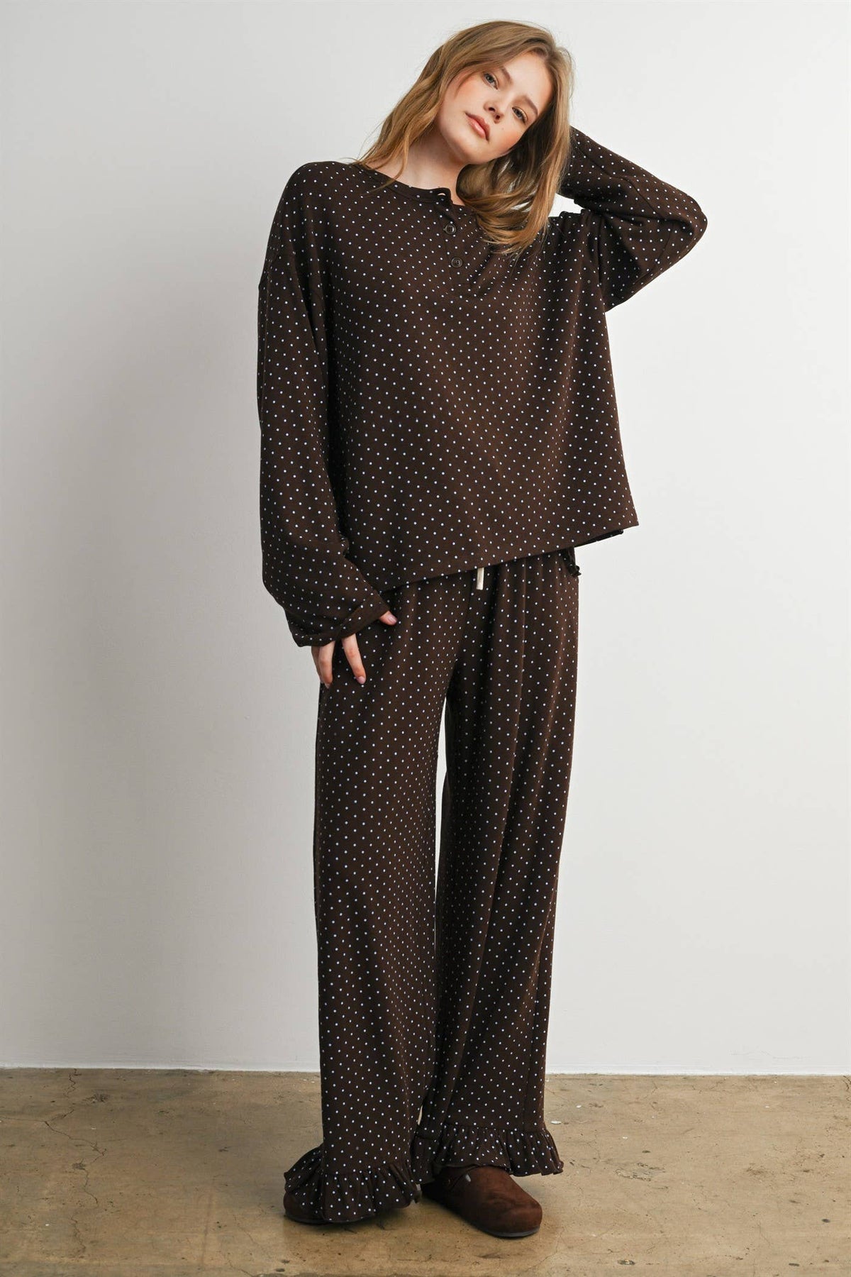 Brown Polka Dot Henley Neck Long Sleeve Top