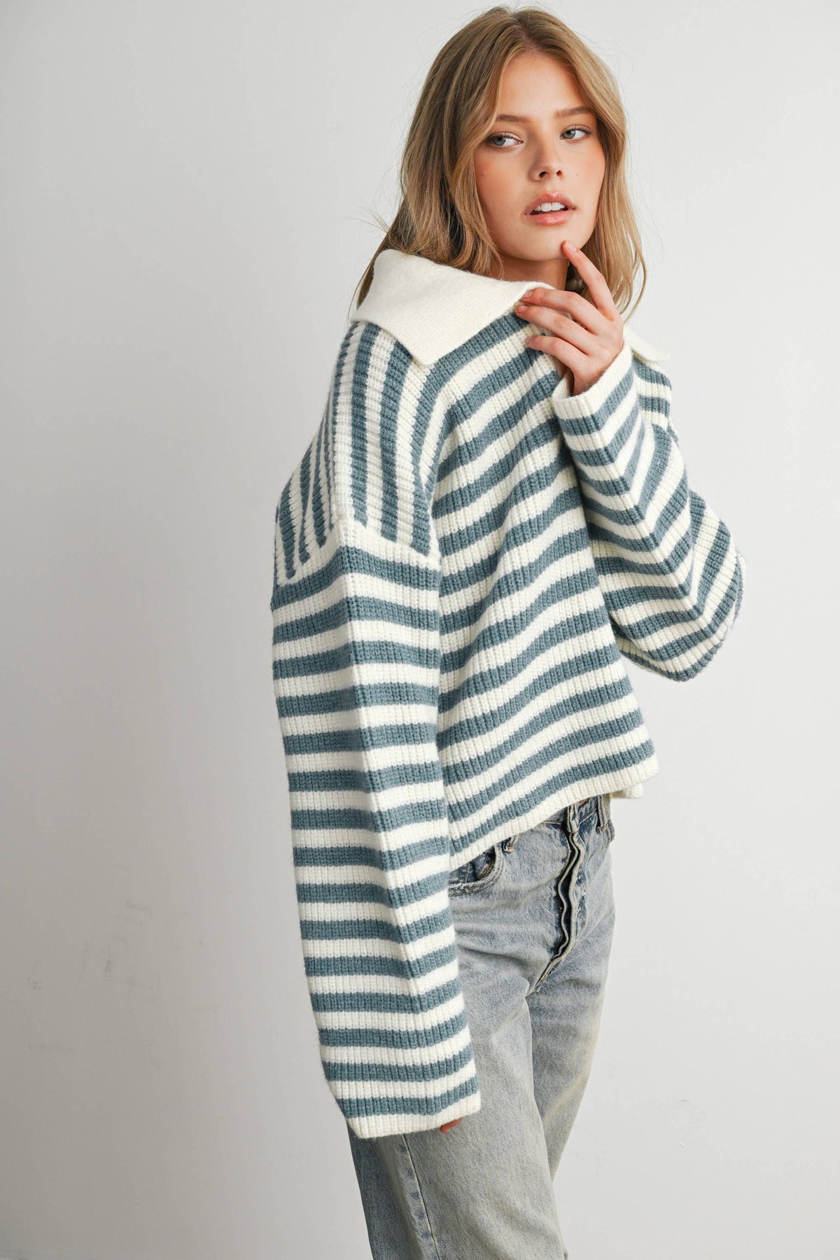 Blue Striped Collared Knit Sweater