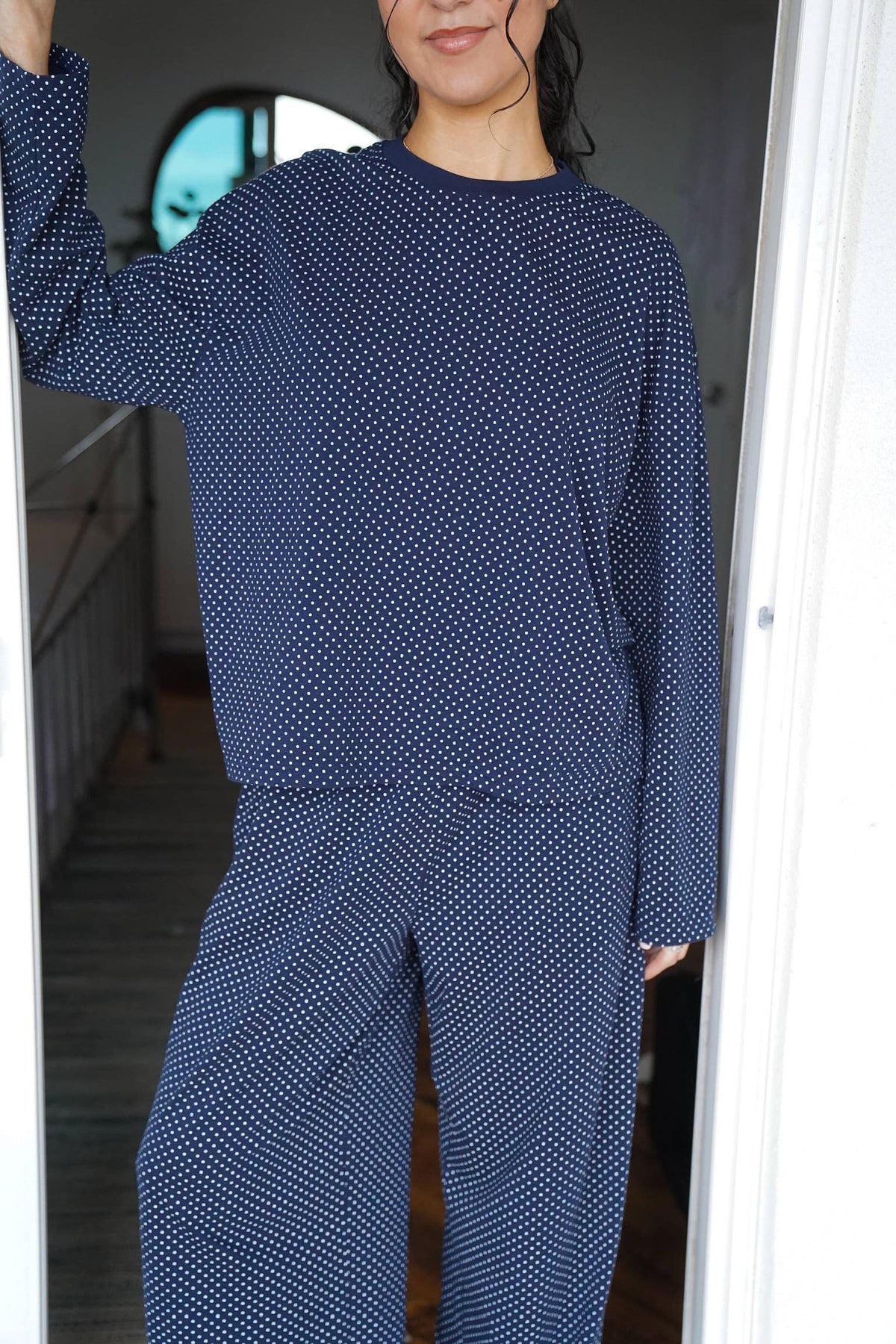 Navy Blue Polka Dot Loungewear Flare Pants
