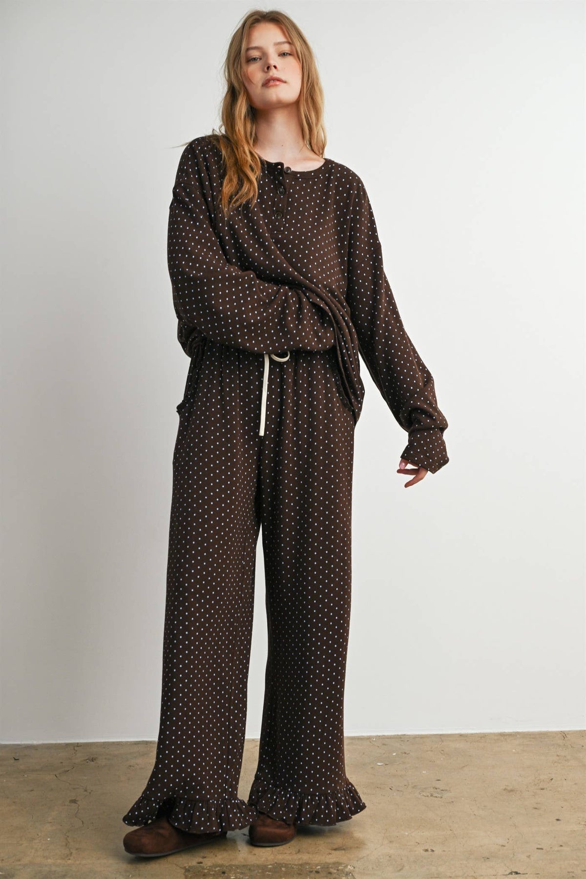 Brown Polka Dot Henley Neck Long Sleeve Top