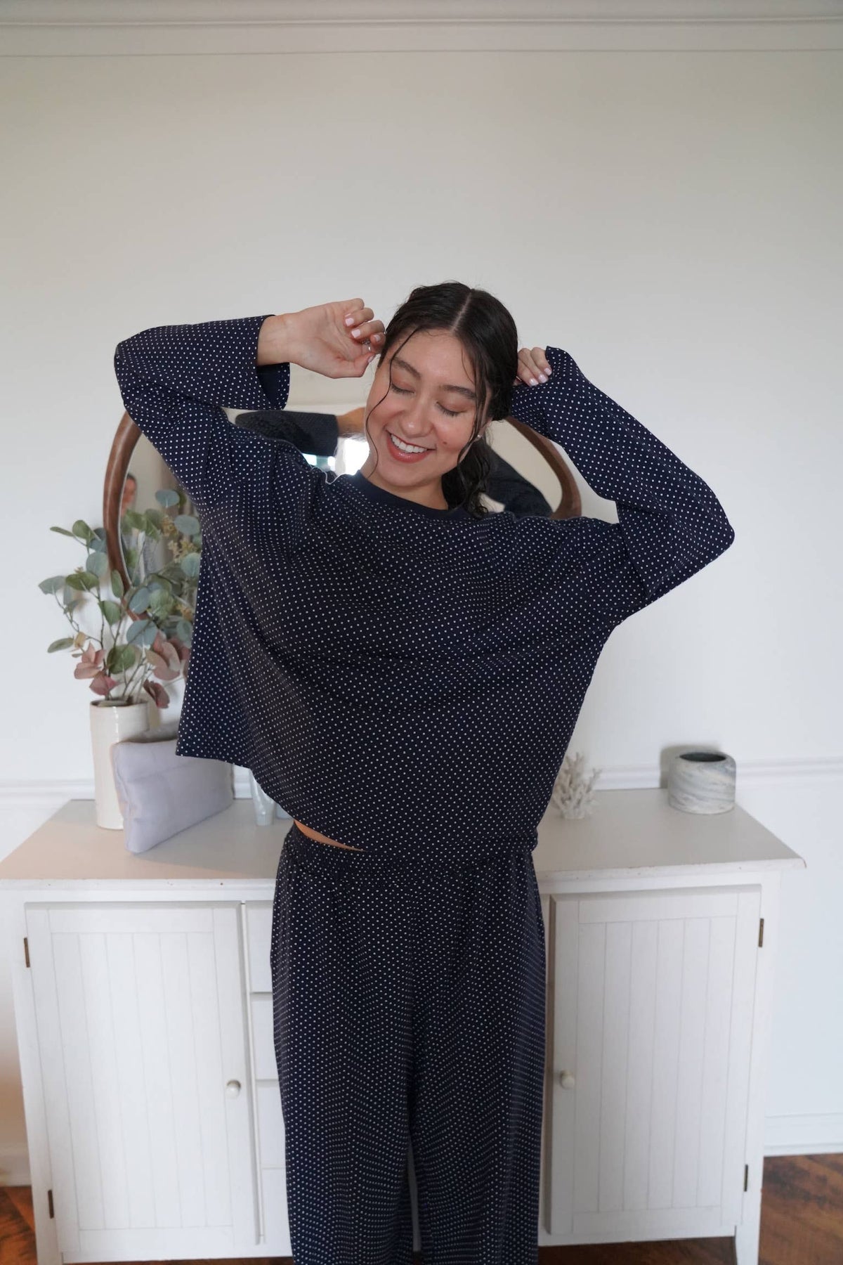 Navy Blue Polka Dot Loungewear Long Sleeve Top