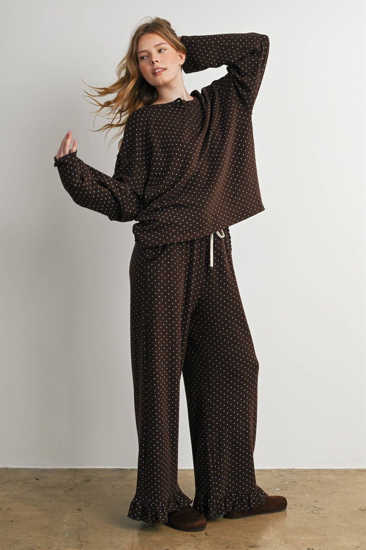 Brown Polka Dot Henley Neck Long Sleeve Top
