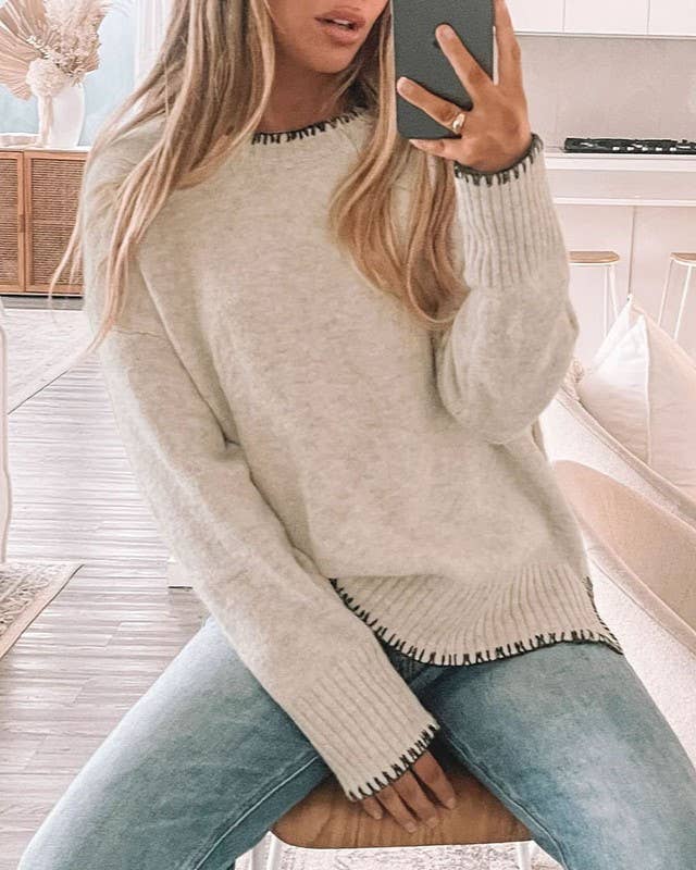 Khaki Sweater with Stitched Edge Detailing