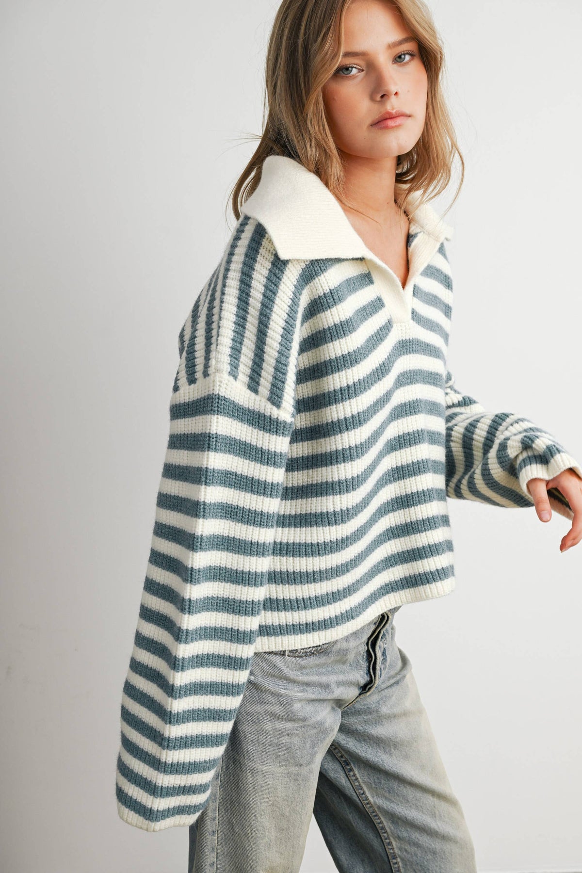 Blue Striped Collared Knit Sweater