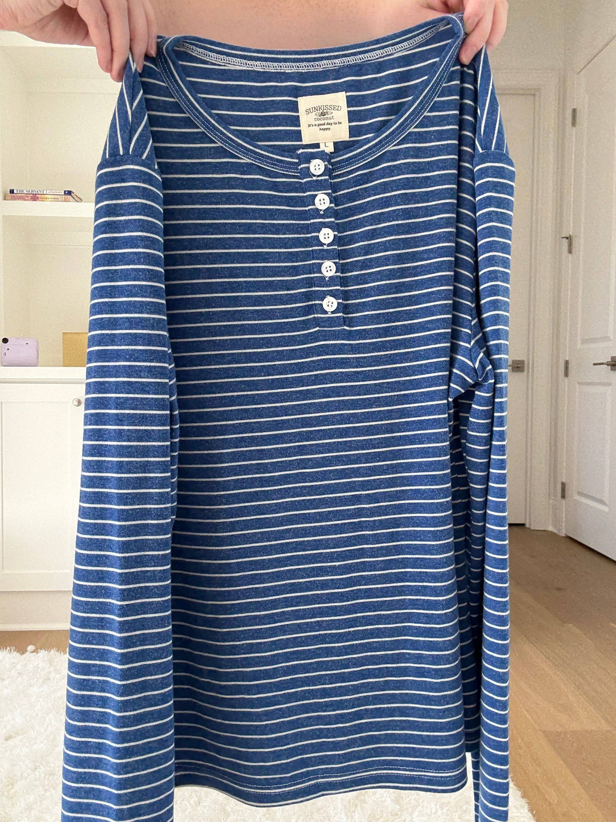 Striped Soft Button Loungewear Long Sleeve Top
