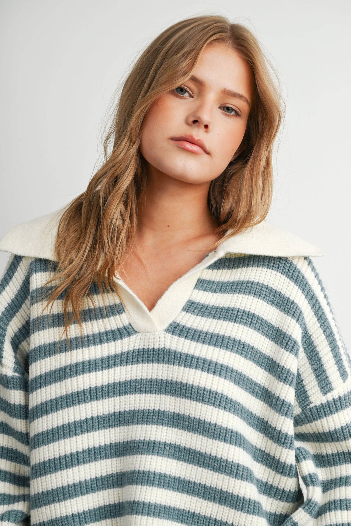 Blue Striped Collared Knit Sweater