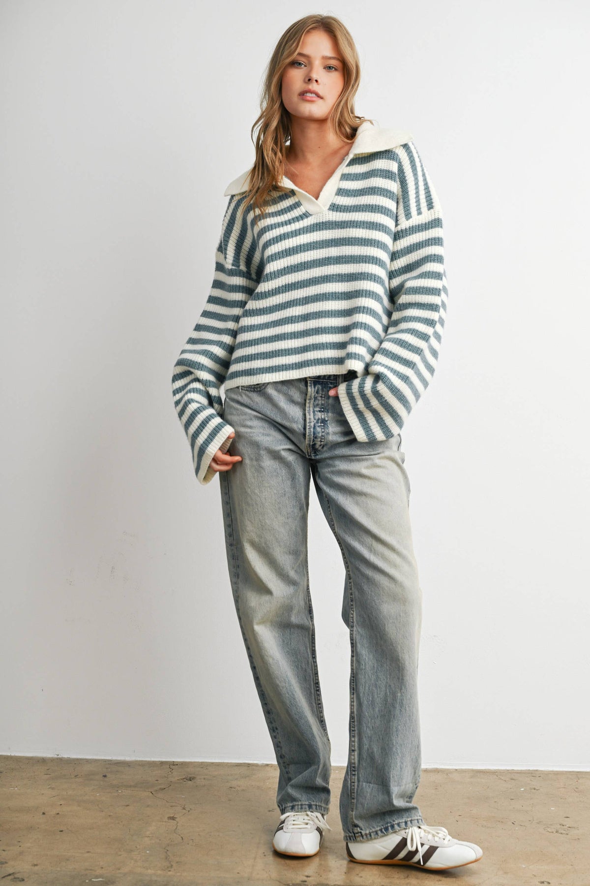 Blue Striped Collared Knit Sweater