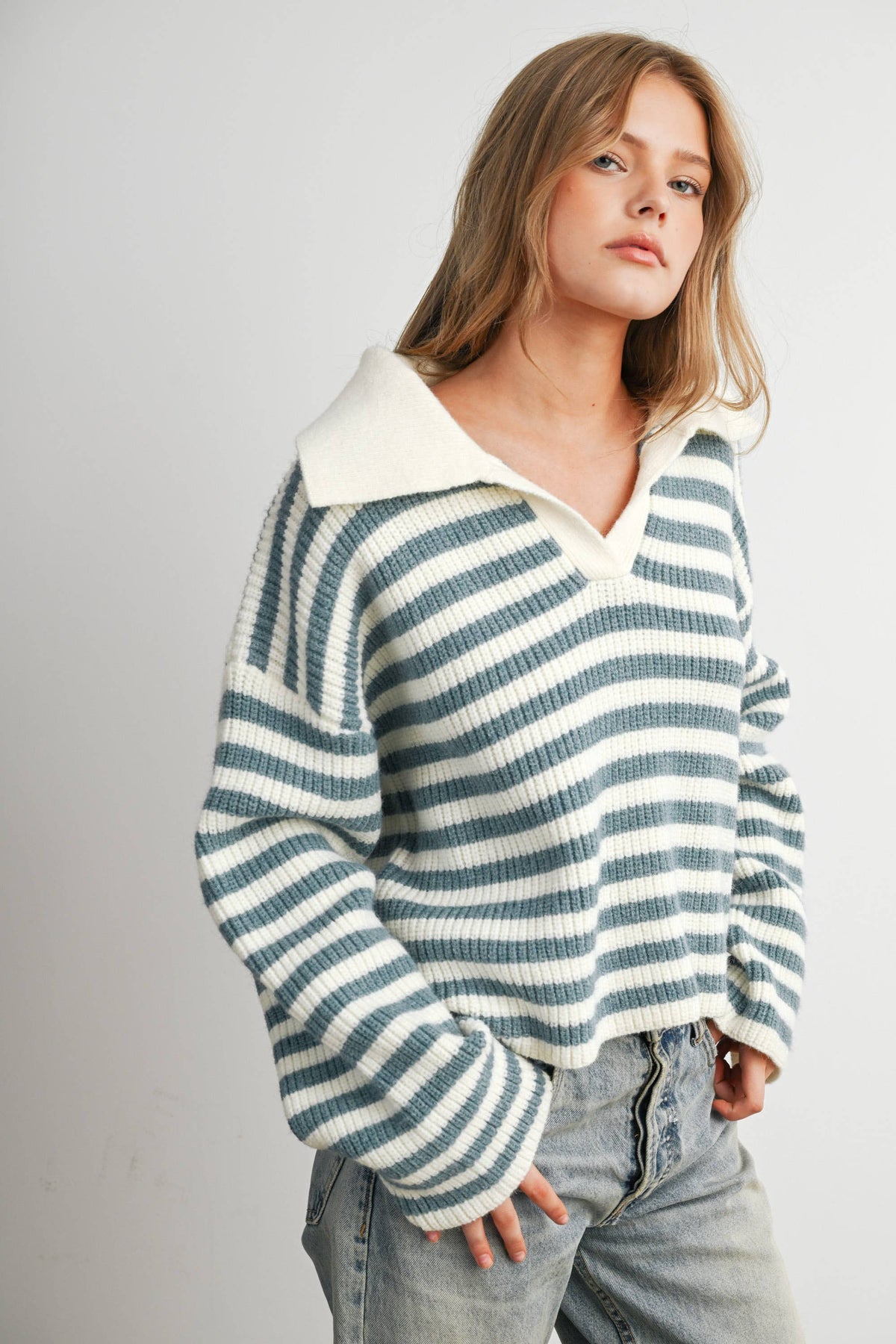 Blue Striped Collared Knit Sweater