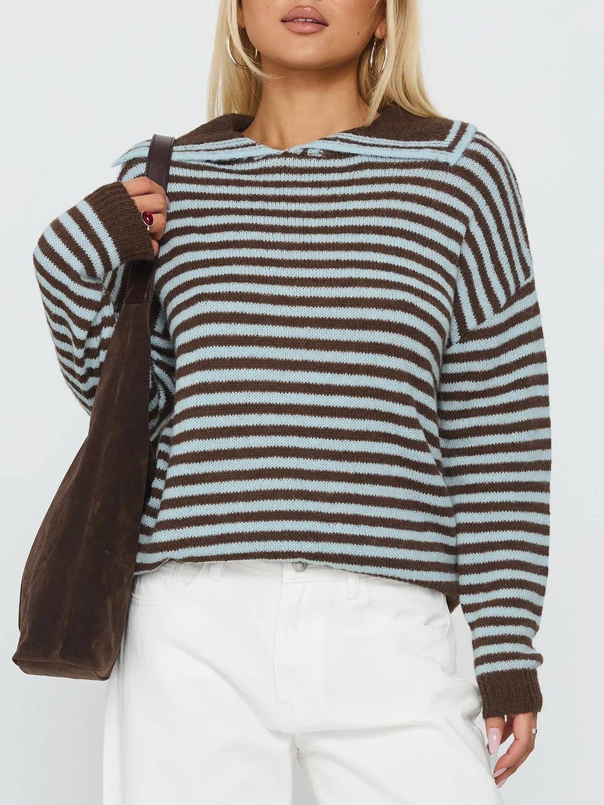 Brown & Blue Stripe Collared Knit Sweater