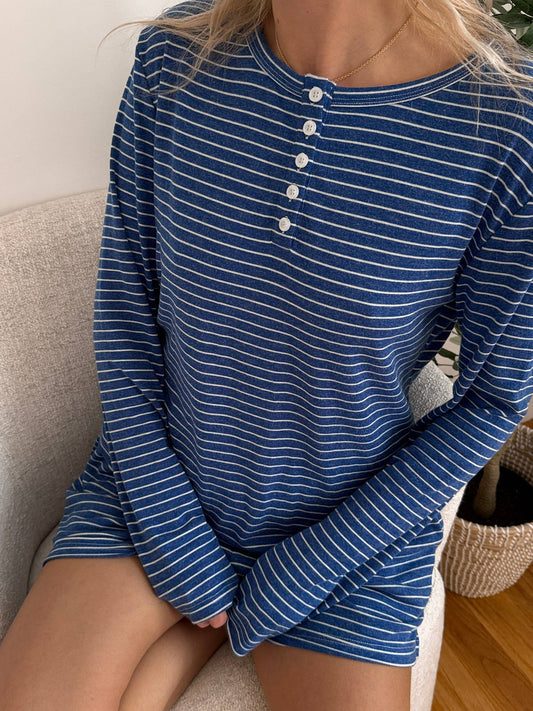 Striped Soft Button Loungewear Long Sleeve Top