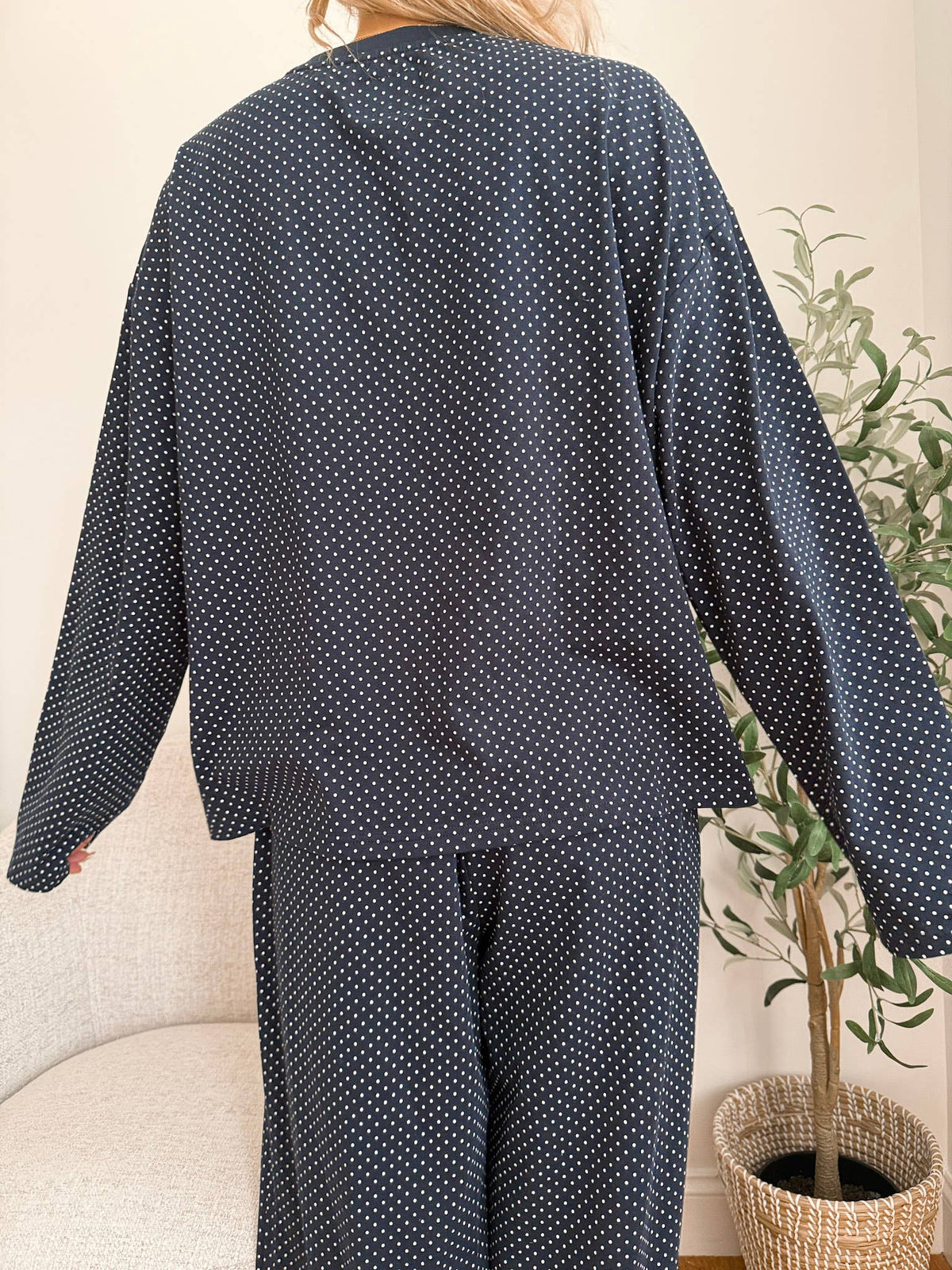 Navy Blue Polka Dot Loungewear Long Sleeve Top