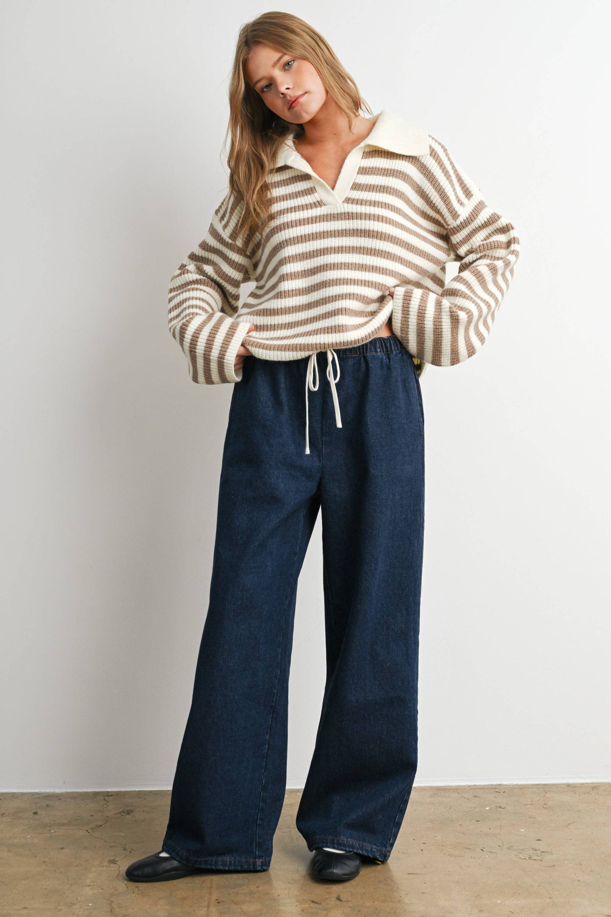 Blue Striped Collared Knit Sweater