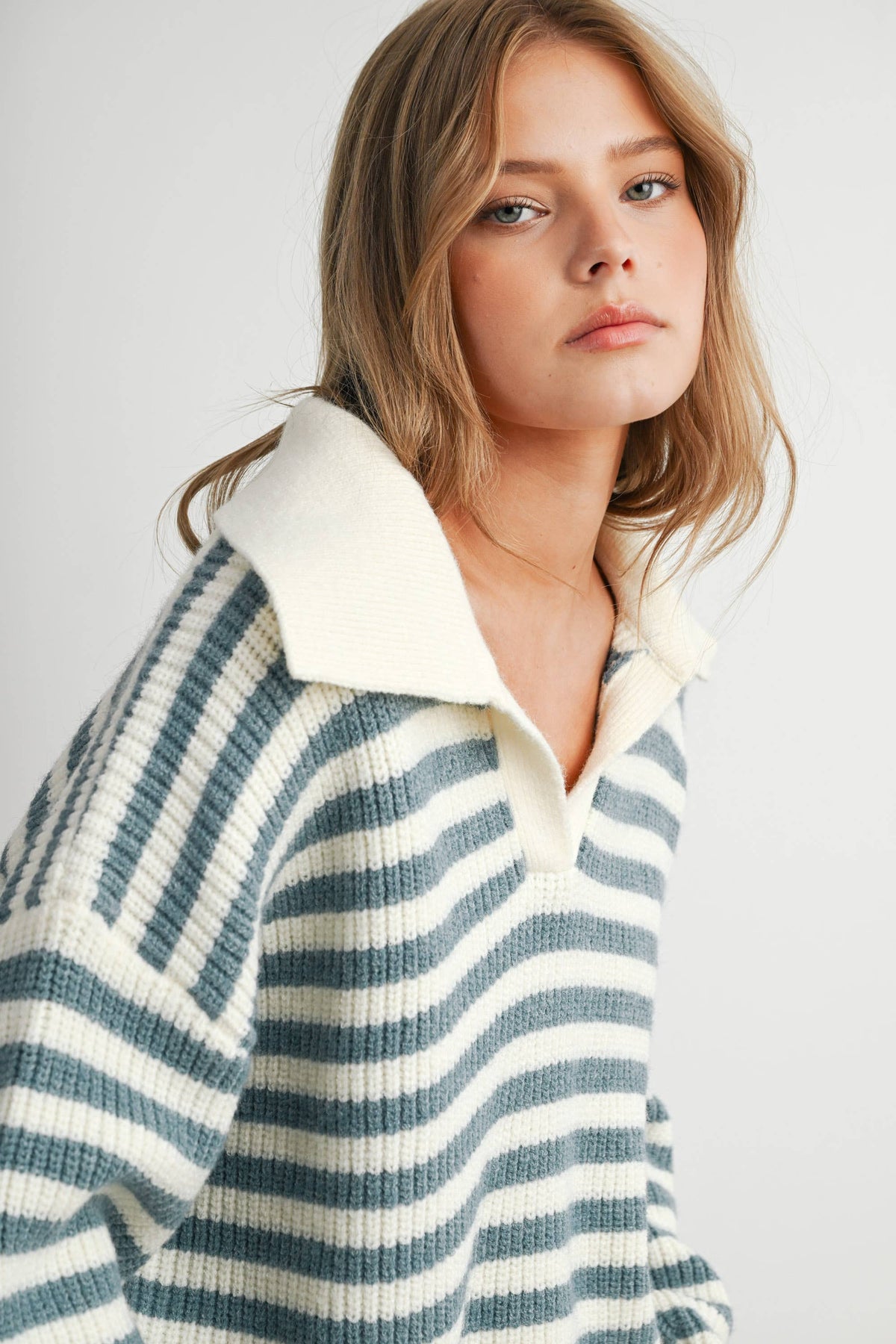 Blue Striped Collared Knit Sweater