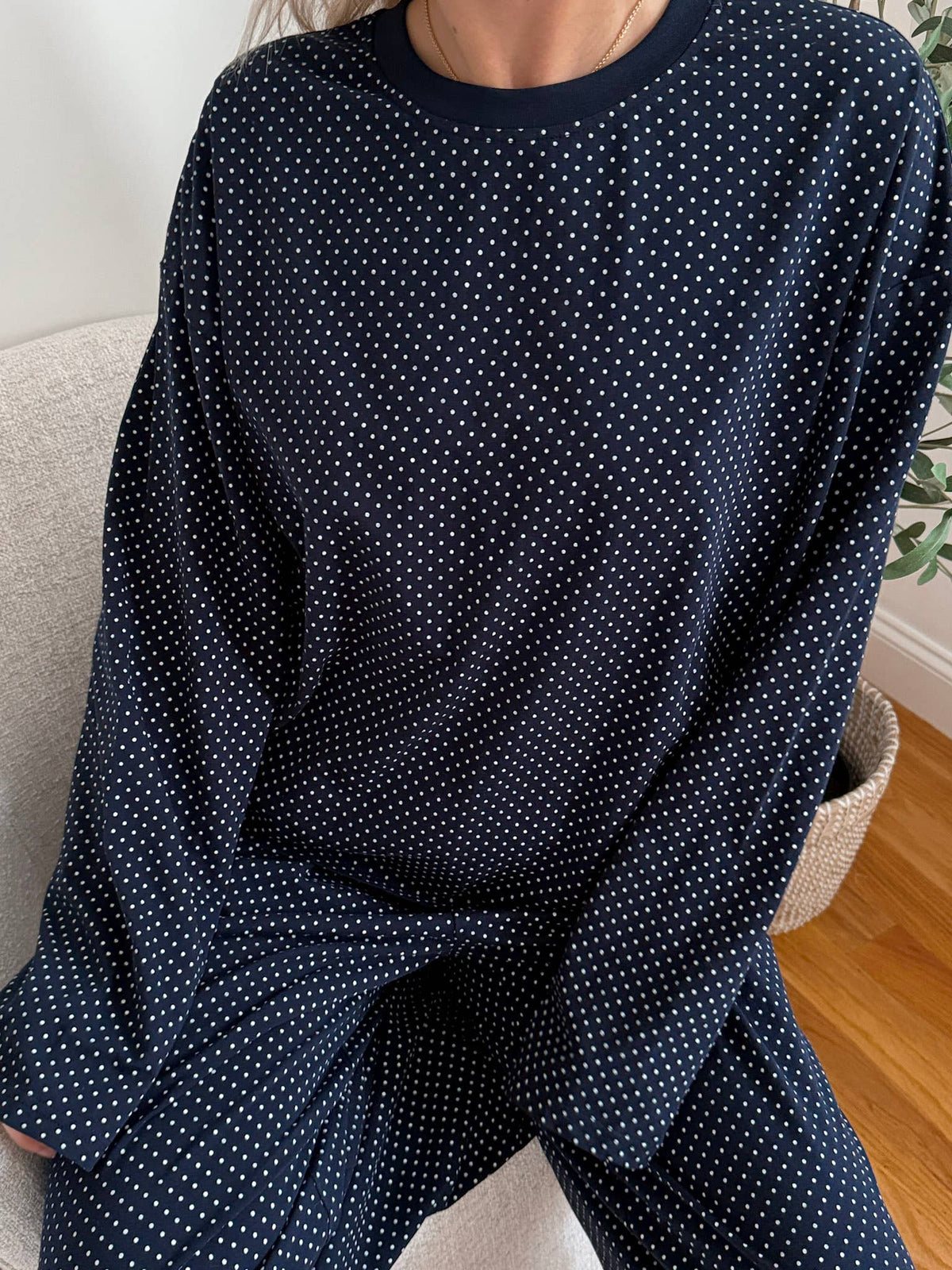 Navy Blue Polka Dot Loungewear Long Sleeve Top