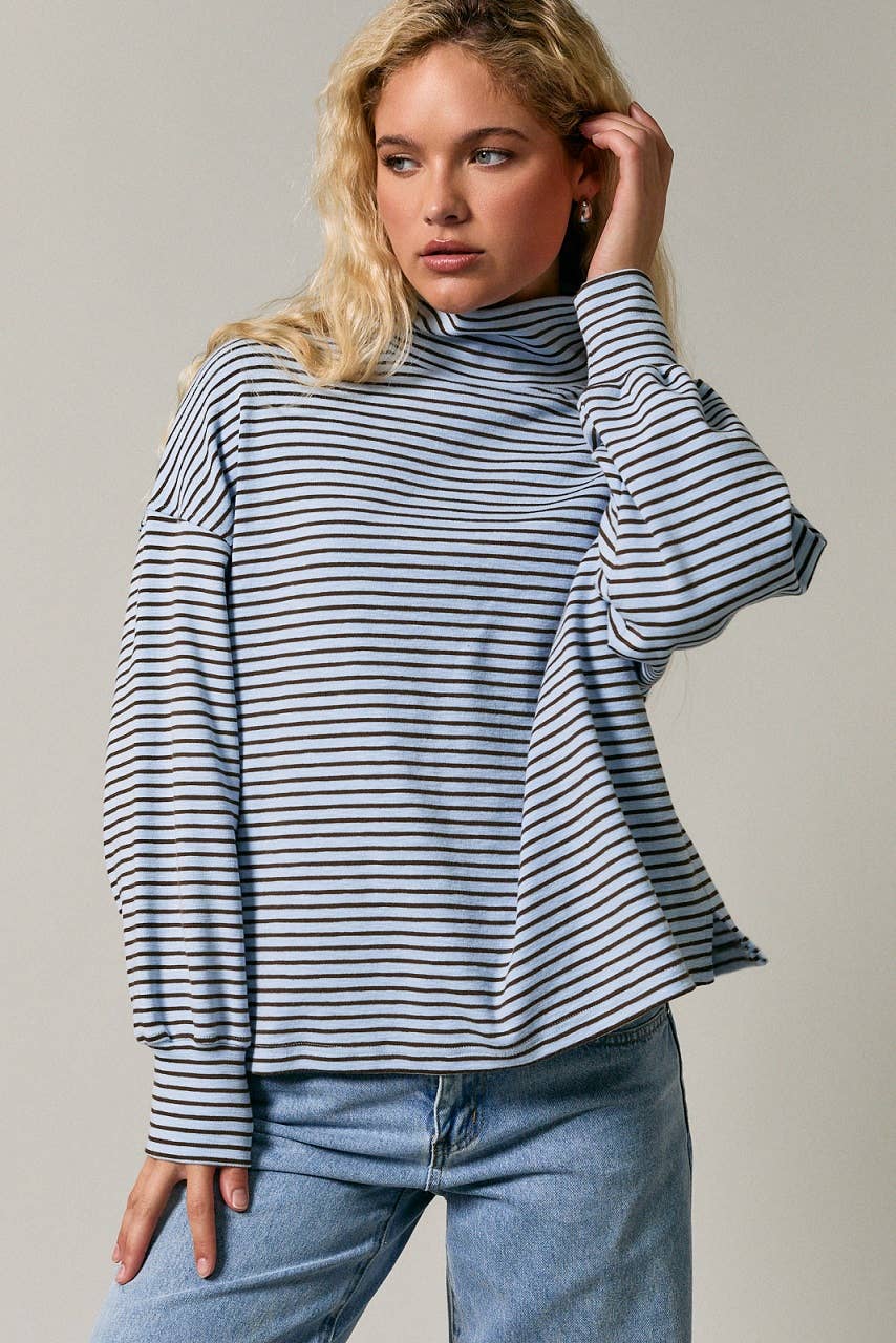 Blue + Brown Stripe Mock Neck Top