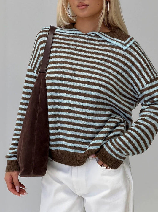 Brown & Blue Stripe Collared Knit Sweater