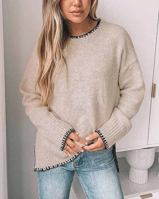 Khaki Sweater with Stitched Edge Detailing