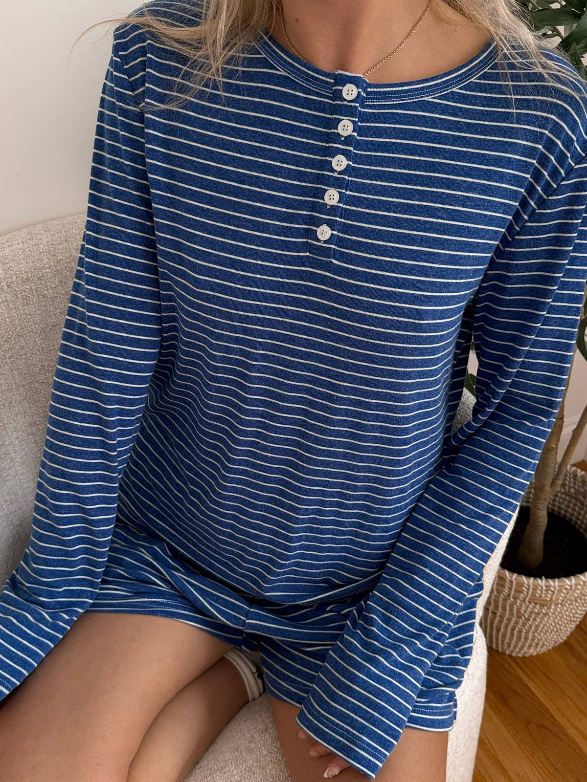 Striped Soft Button Loungewear Long Sleeve Top