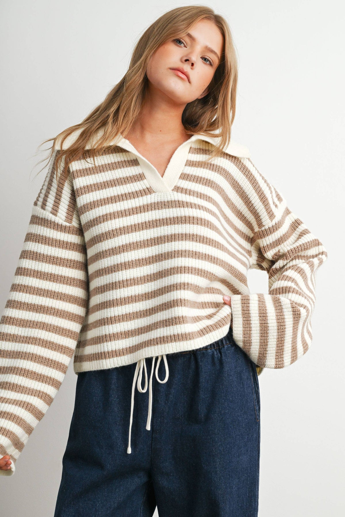 Blue Striped Collared Knit Sweater