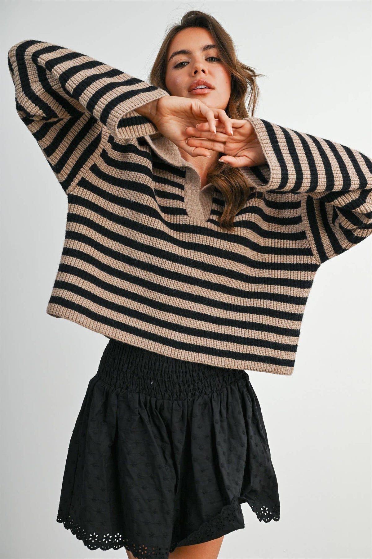 Blue Striped Collared Knit Sweater