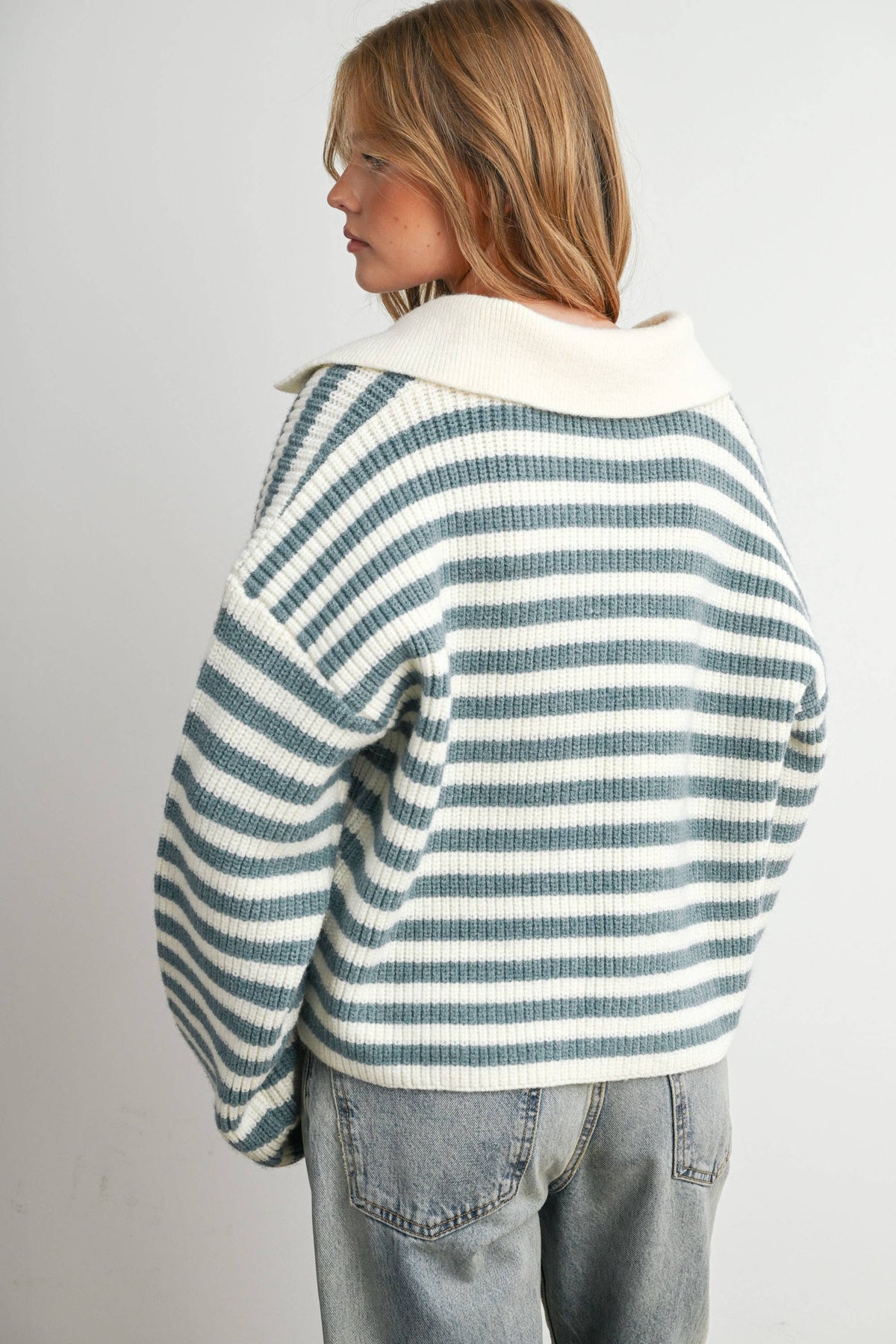 Blue Striped Collared Knit Sweater