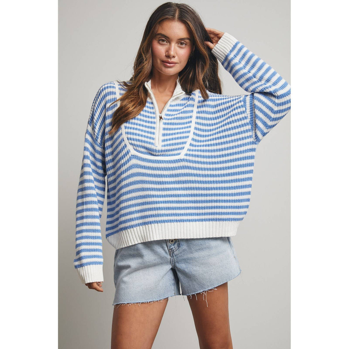 Blue Striped Half Zip Sweater