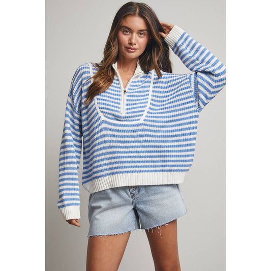 Blue Striped Half Zip Sweater