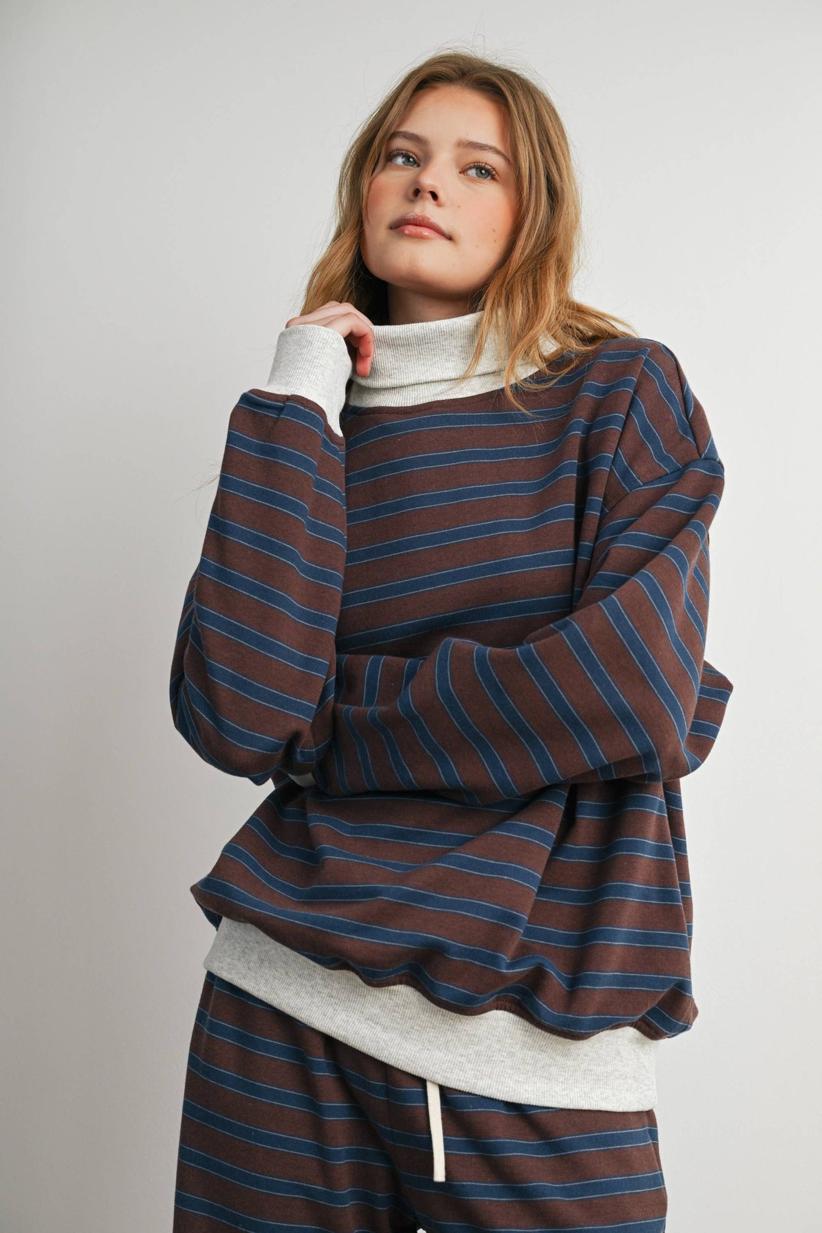 Brown Striped Turtleneck Sweatshirt