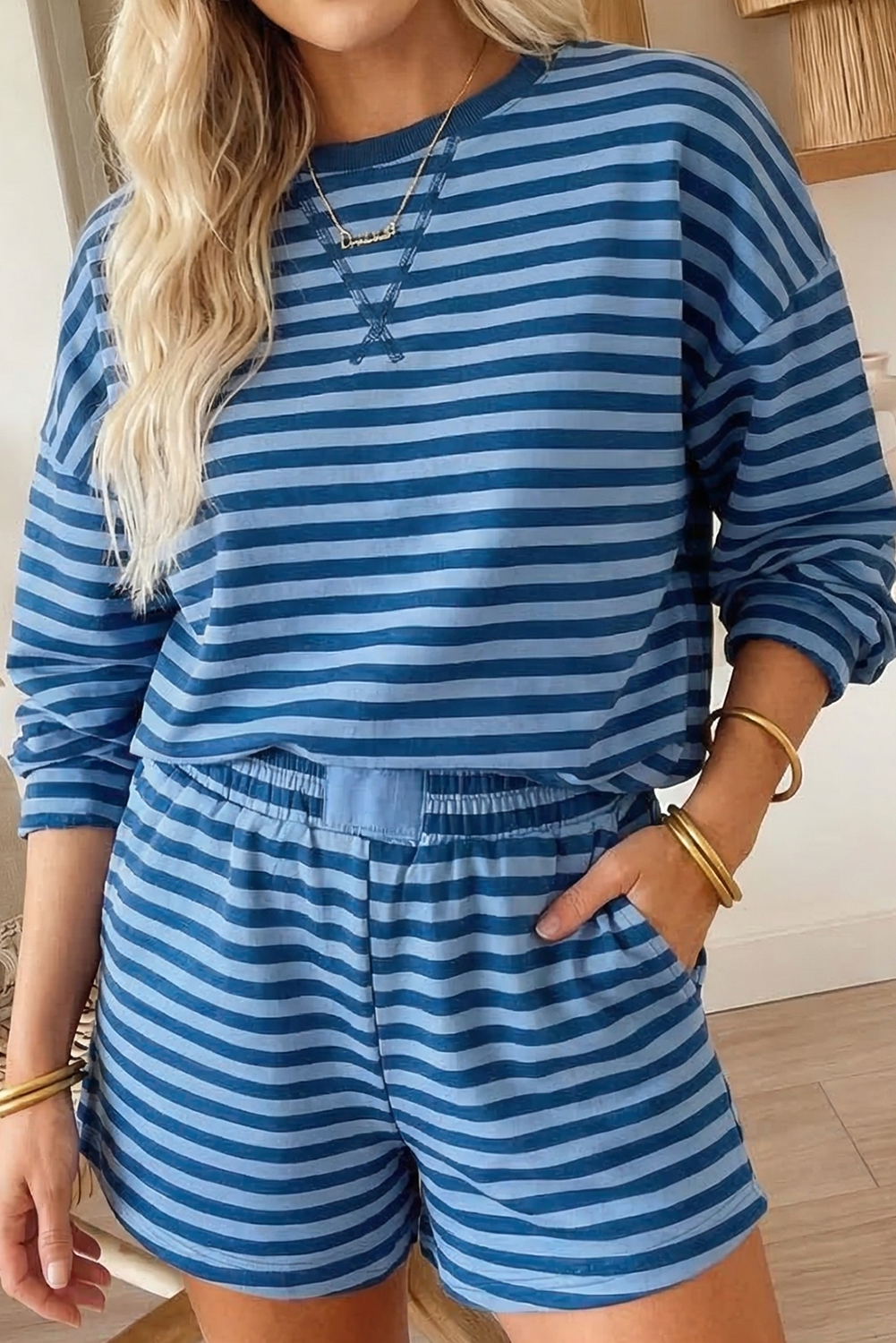 Striped Long Sleeve Top and Shorts Lounge Set: Blue