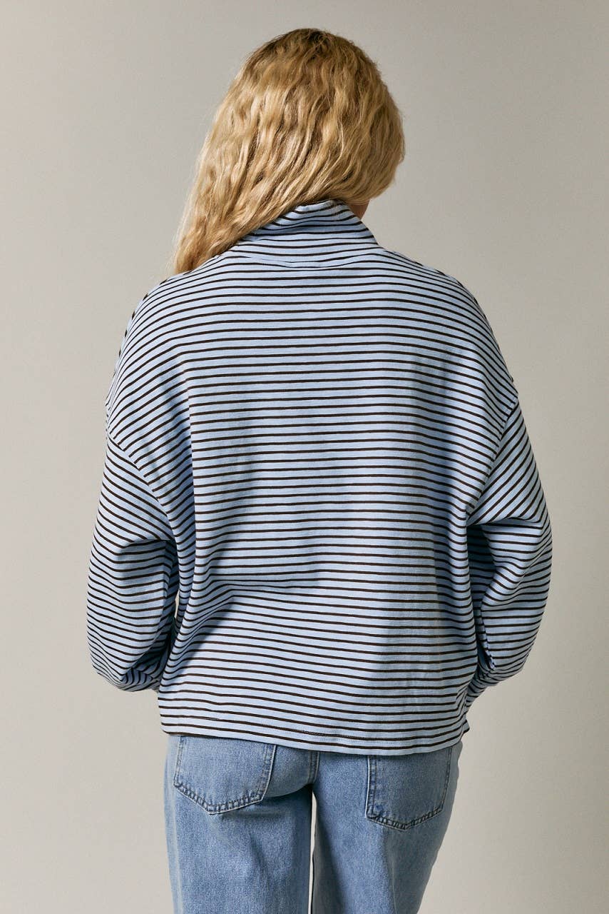 Blue + Brown Stripe Mock Neck Top