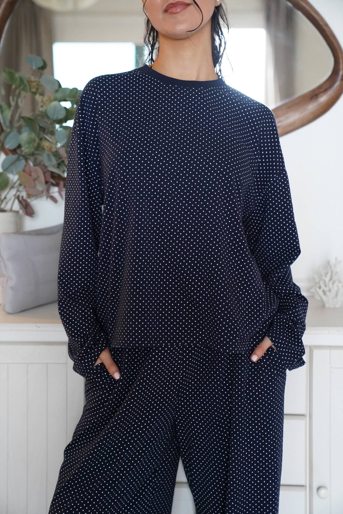 Navy Blue Polka Dot Loungewear Long Sleeve Top